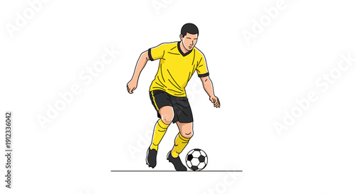 A male soccer player wearing a yellow and black kit controls a football on a plain white background.