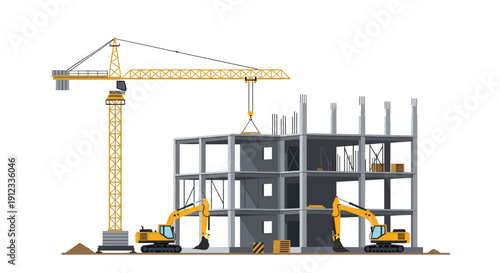 A large yellow crane hoists materials over a multi-story building skeleton with two excavators parked on site.
