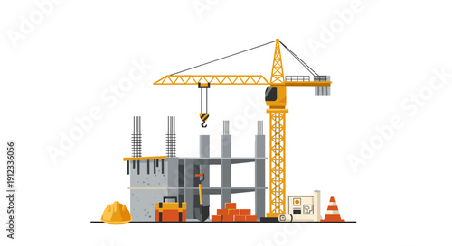 A yellow construction crane stands beside a building frame with bricks, tools, and safety gear on the ground.