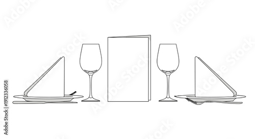 Two empty place settings with folded napkins, wine glasses, and a standing menu on a white background, ready for dining.