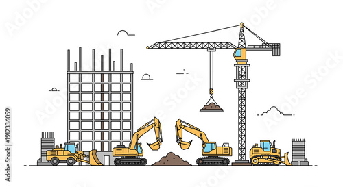 A large construction site with a tall building frame, a crane, two excavators, and two bulldozers working.