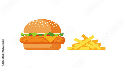 A plain chicken burger with cheese and lettuce is arranged next to a modest pile of french fries.