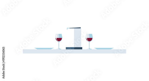 A minimalist table setting for two is arranged with plates, red wine glasses, and a menu stand.