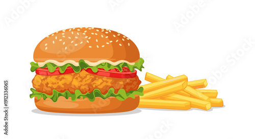A delicious chicken burger with lettuce and tomato stands beside a large helping of crispy golden french fries.