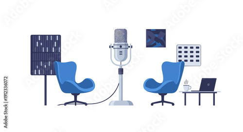 Two blue modern armchairs face a tall microphone on a stand in a podcast studio setting.