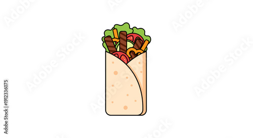 Single upright shawarma wrap filled with grilled meat, various vegetables, and white sauce, isolated on a white background.