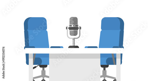 A vintage microphone stands on a white table positioned between two empty blue office chairs, ready for an interview or podcast.