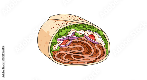 Detailed cross-section view of a large shawarma wrap showcasing layers of sliced meat, fresh vegetables, and creamy white sauce.