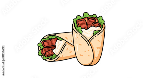Two delicious shawarma wraps filled with grilled meat, fresh lettuce, and creamy sauce, presented on a white background.