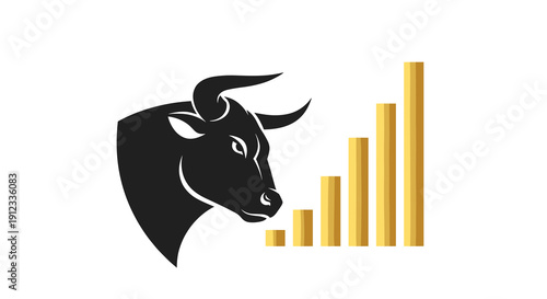 Profile of a black bull's head positioned next to a series of golden rising bar graphs on a white background.