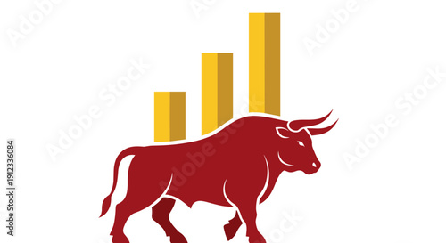 Dynamic red bull moving forward with yellow bar graphs rising behind it, against a plain white background.