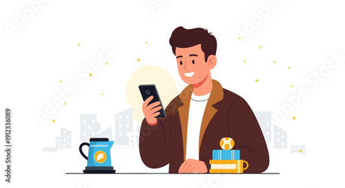 Cheerful young man smiling while looking at his smartphone with a teapot and books on a table, city skyline behind him.