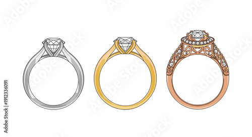 Three diamond engagement rings in silver, gold, and rose gold settings displayed side by side against a white background.