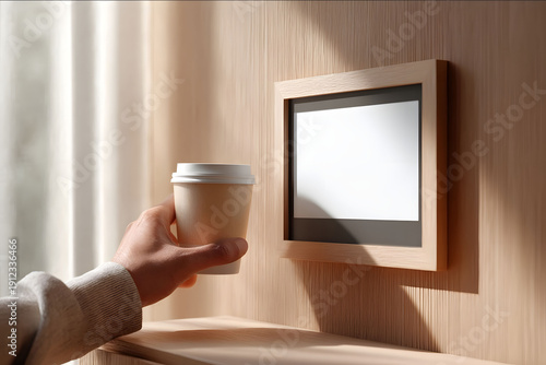 interior of a highdesign smart home entryway during golden morning light wallmounted digital family calendar with blank screen integrated into a custombuilt wood ac