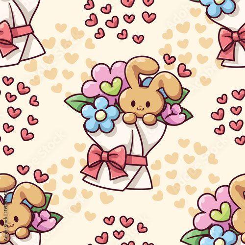 Seamless pattern of cute bouquet of rabbit and little hearts cartoon, Perfect for child designs, fabric, wrapping paper, wallpaper, stationery crafts.
