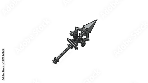 A stylized illustration featuring a metal spearhead design, with intricate decorative details