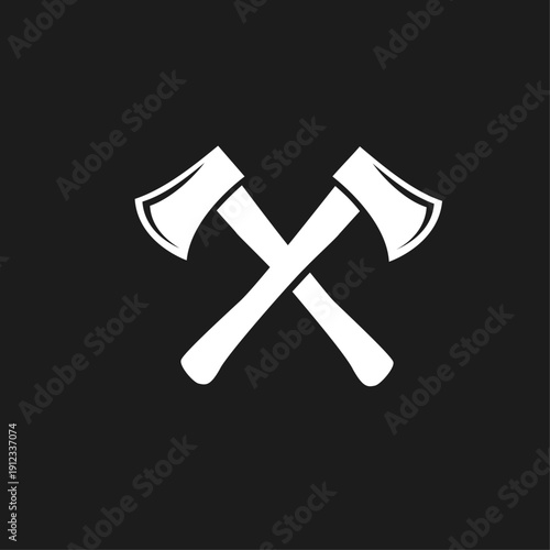 Crossed Axes Icon. Two White Hatchets Symbol on Black Background.