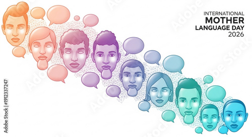 International mother language day 2026 diverse faces in speech bubbles