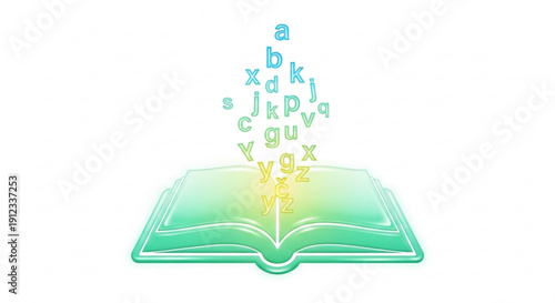 Open book with glowing letters rising from pages in green and yellow gradient light