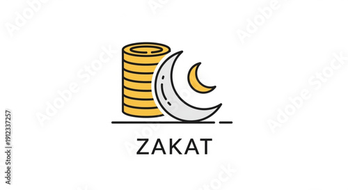 Zakat charity symbol with crescent moon and coins stack