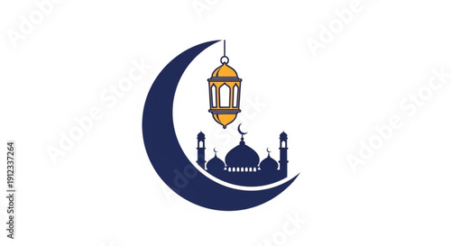 Ramadan crescent moon with mosque and lantern symbol