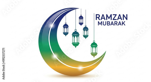 Ramzan mubarak greeting card with crescent moon and lanterns