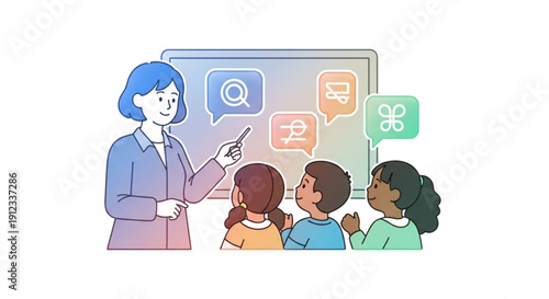 Teacher educating children with digital icons on screen in classroom setting