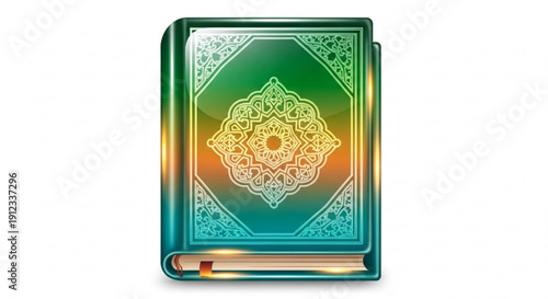 Ornate green book with golden mandala design on cover isolated on white background