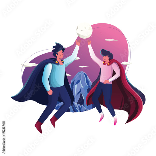 Superhero business team flying together for success illustration