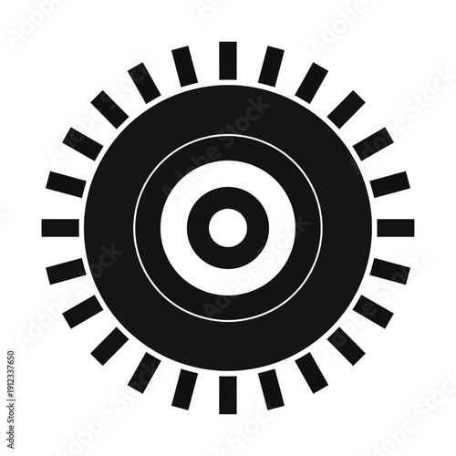 Abstract circular gear with radial lines and concentric circles, sun symbol