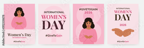 International Women's Day 2026 vector poster set #givetogain campaign.