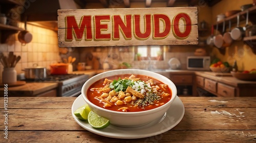 Traditional Mexican menudo soup in a rustic kitchen setting