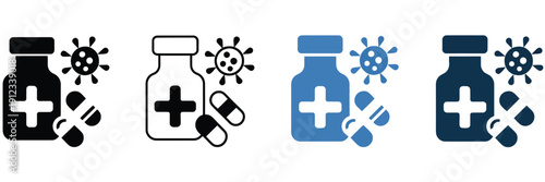 Multiple style medication icon collection, medicine and healthcare symbols, pills, capsules, syringes, prescription icons, editable vector
