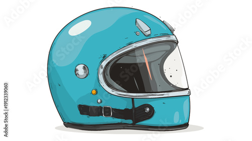 A cartoon-style illustration of a blue protective helmet with visor on a white background