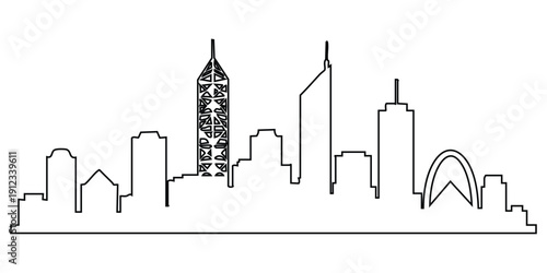 Perth Skyline Silhouette – Modern Black and White Line Illustration. Ideal for travel‑themed graphics, posters, branding materials, educational visuals, souvenirs and digital artwork.