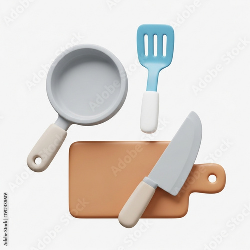 3d illustration of kitchen utensils including a frying pan, spatula, and knife on a cutting board