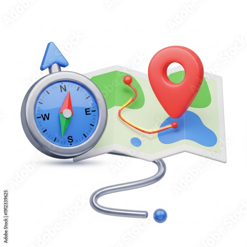 A colorful 3d illustration of a compass and a map with a red location pin