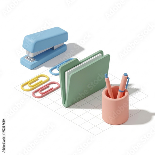 3d illustration of office supplies including a stapler, folder, paper clips, and pencils in a cup