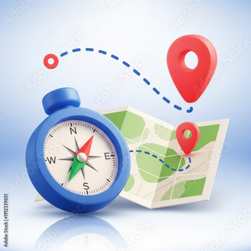 A blue compass with a map and red location pins on a gradient background showing navigation and direction