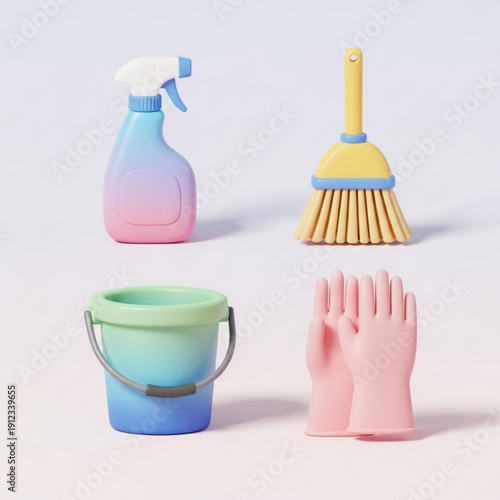 Colorful cleaning supplies including spray bottle, broom, bucket, and rubber gloves on a plain surface