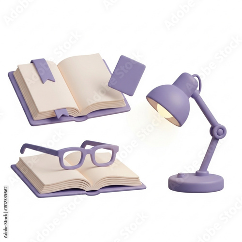 A purple desk lamp with an open book and glasses on a white surface with a notebook