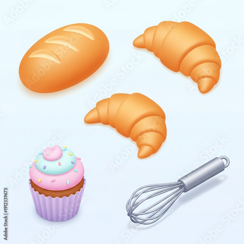 Colorful illustration of baked goods and a whisk on a light blue background with pastry items