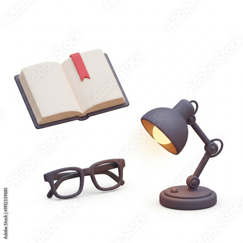 3d illustration of a desk lamp, book, and glasses on a for office or study setting