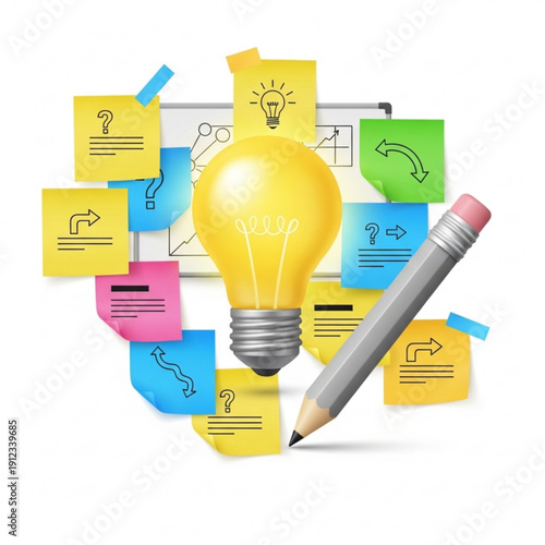 A creative illustration of a bright yellow light bulb surrounded by colorful sticky notes and a pencil
