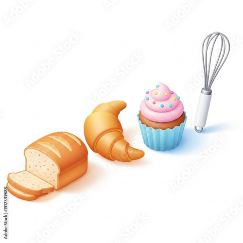 Colorful illustration of bakery items including bread, croissant, cupcake, and whisk