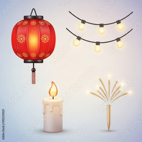 Vibrant illustration of a red chinese lantern, string lights, and a candle with a fire on a soft blue background