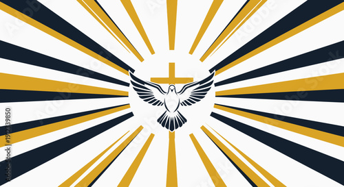 Symbolic representation of a dove carrying a cross with radiating light rays, symbolizing peace and spirituality