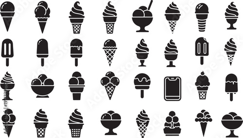Ice cream and popsicle silhouette icon set featuring cones, sundaes, soft serve and frozen desserts in bold black vector style, isolated collection for menu design, 