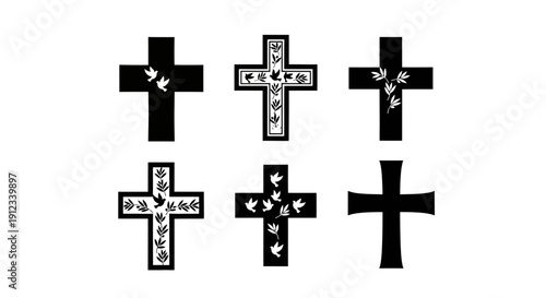 Collection of Christian Cross Symbols with Floral and Dove Embellishments