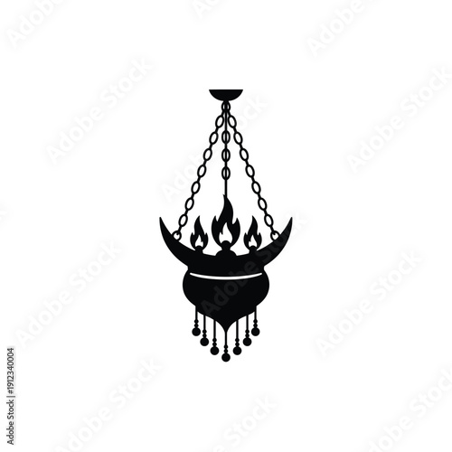 Silhouette of ancient censer with flames hanging from chains